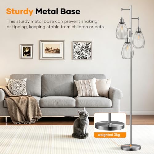 Nintiue Dimmable Floor Lamp, 3 x 800LM LED Edison Bulbs Included, Industrial Floor Lamp Standing Tree Lamp with Elegant