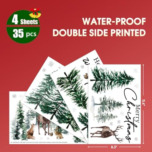 Horaldaily 35 PCS Christmas Window Cling Sticker, Green Xmas Trees Deer Squirrel Rabbit for Home Party Supplies Shop Window Glass Display Decoration