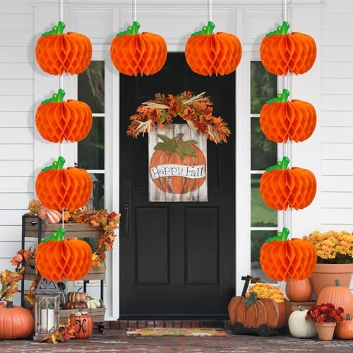 6 Pcs Pumpkin Honeycomb Decorations, Thanksgiving 3D Pumpkin Table Centerpieces, Fall Honeycomb Paper Tissue Balls for Halloween Thanksgiving Party Decor Harvest Festival Supplies