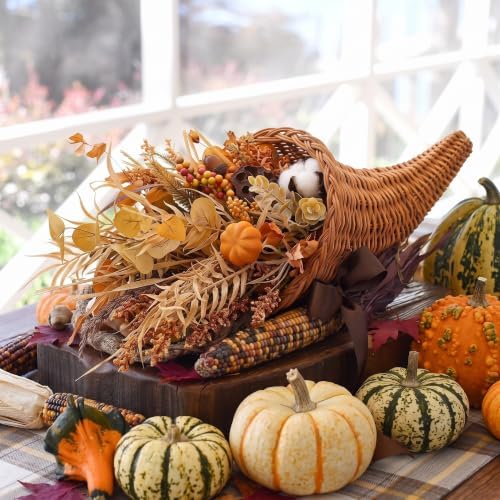Funnymoom Fall Cornucopia Centerpiece Set with Leaves Pumpkin, Rustic