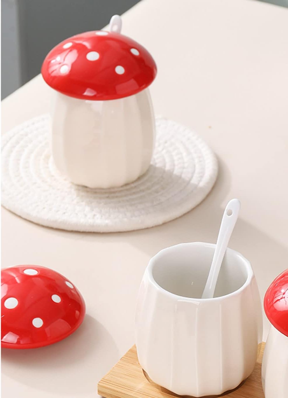 Ceramic Mushroom Shape Sugar Bowl Spice Jar Seasoning Pot / Red