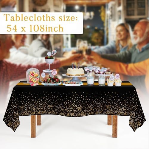 Childom 3 Pack Black and Gold Tablecloths for New Years Eve Party Supplies