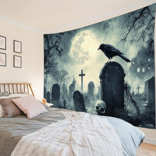 HVEST Halloween Tapestry Wall Hanging Horror Tombstone and Scary Skull in Cemetery Wall Art Spooky Dead Tree and Crow under Full Moon Tapestry for Bedroom Living Room Dorm Wall Decor, 51L X 59W inches