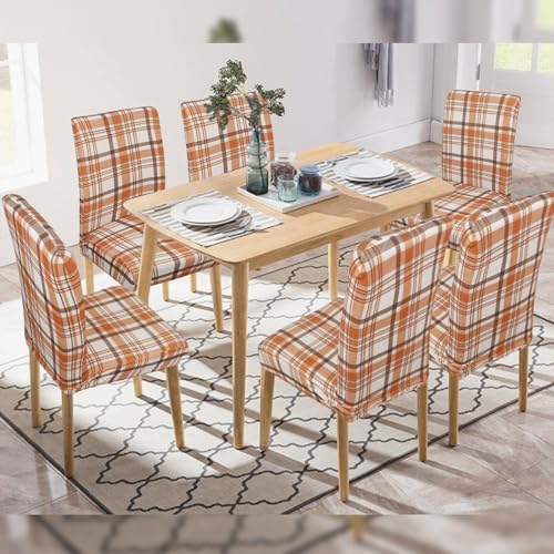 4Pcs Fall Plaid Chair Covers Set - Stretch Elastic Edge, Removable Orange Chair Protectors, Suitable for Dining Room/Kitchen Chairs