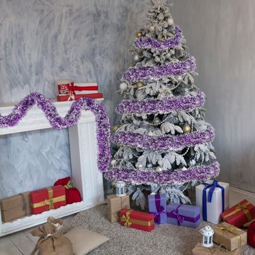 Shappy 90 ft 6 Rolls Christmas Tinsel Garland for Tree,Purple Frosted Tip