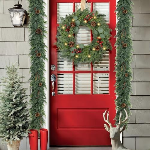 Christmas Wreath with Lights 24 Inch Real Touch Pine Wreath with Red Berries/Pine Cone Prelit Christmas Wreaths for Front Door Outdoor Christmas Decorations Winter Wreath for Windows Indoor Holiday