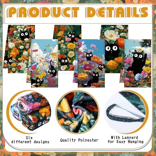 Redbaker 6 Pcs Black Cat Kitchen Towels Retro Wildflower Floral Dishcloth