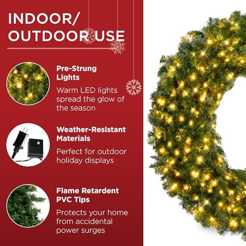 Best Choice Products 36in Large Artificial Pre-Lit Fir Christmas Wreath Holiday Accent Decoration w/ 150 LED Lights, 300 PVC Tips