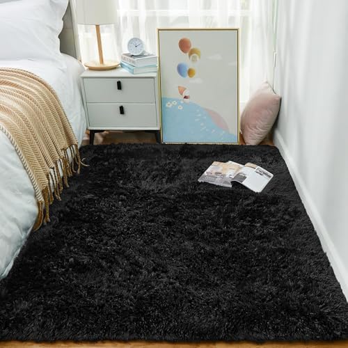Ophanie Black Area Rugs for Bedroom Living Room, 4x6 Fluffy Fuzzy Shag Shaggy Carpet Soft Plush Furry Bedside Rug