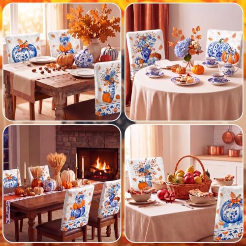 6 Pcs Fall Chair Covers, Blue Vase Pumpkin Slipcovers