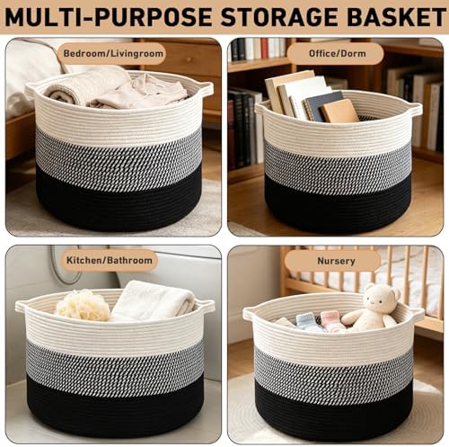 65L Large Blanket Basket,Woven Rope Laundry Basket-Mixed Black