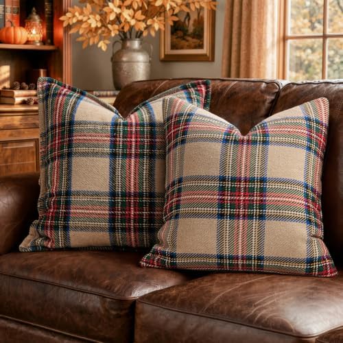 MIULEE Fall Plaid Pillow Covers 20x20 Khaki Fall Decorations for Home