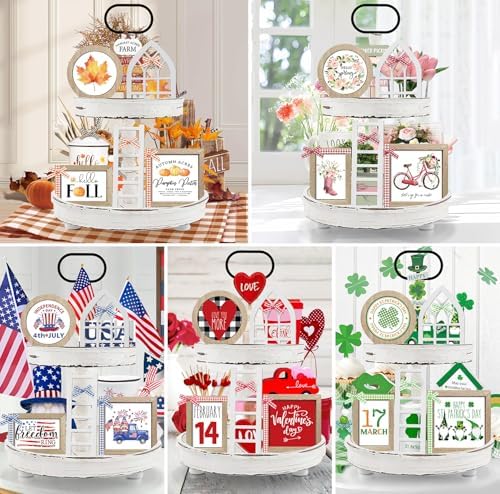 10themes Interchangeable Seasonal Rustic Farmhouse Fall Tiered Tray Decor