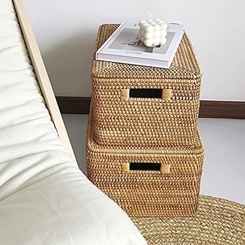 Rattan Basket / Large Lidded Basket For Storage / 15.3" Lx11.4"wx9.5"h / 4 Inch
