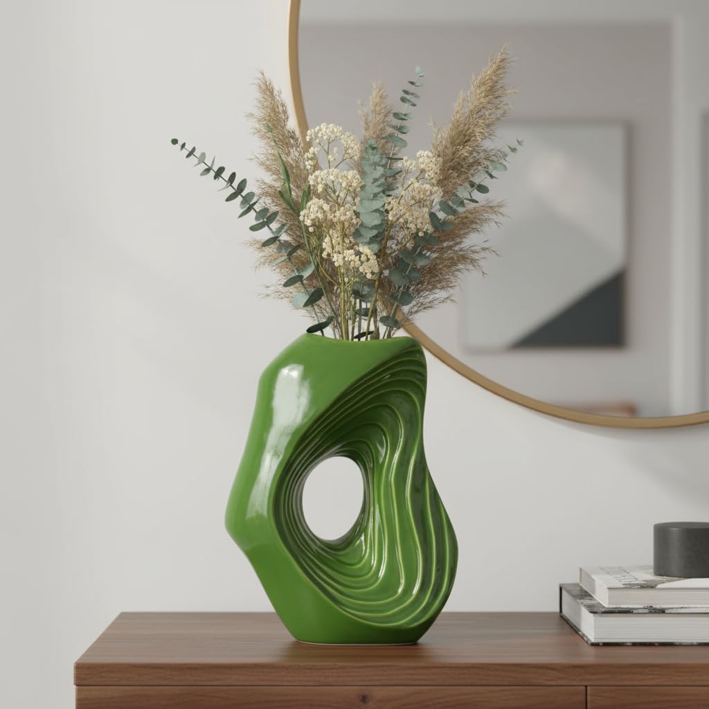 Donut Ceramic Vase / Green / 11 Inch