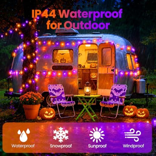 Orange Purple Halloween Lights String Waterproof for Halloween Decorations, Timer 8 Modes Battery Operated String Lights 50LED 17FT for Indoor and Outdoor