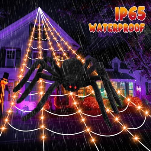 Halloween Decorations 16.4Ft Spider Web with LED Lights & 59" Giant Spider