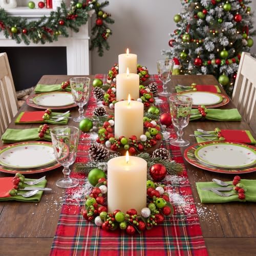 4 Pack Green Christmas Table Candle Rings, Farmhouse Berry Wreaths