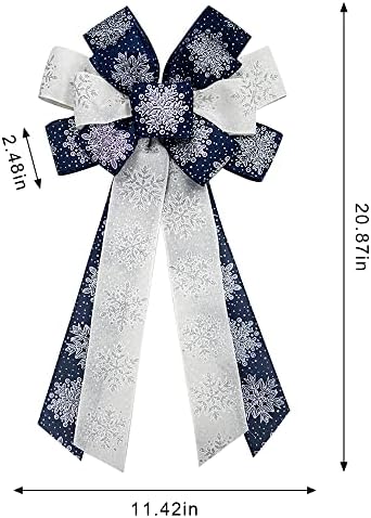 Hying Large Christmas Bow for Wreath, Blue White Cotton Bows for Front Door Wall Fence Decor, Christmas Snow Wreath Bow Tree Topper Bow for Winter Christmas Party Decoration Supplies