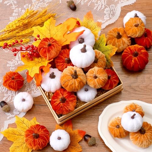 Weysat 24 Pcs Assorted Pumpkins Velvet Fall Thanksgiving Decor, Rust Orange