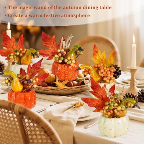 Artmag Set of 6 Artificial Pumpkins Decorations, Decorative Orange Pumpkin with Maple Berry Acorn Pine Cone Vegetables for Fall Thanksgiving Harvest Party Decoration