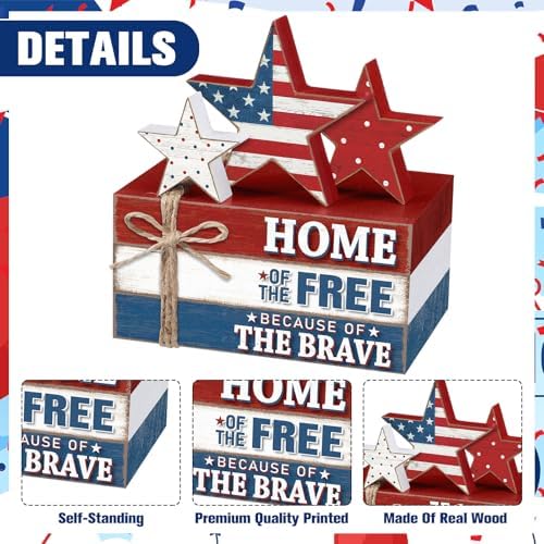 Geelin 4 Pcs 4th of July Wooden Book Stack Sign Decor, 250th Anniversary Patriotic Red White Blue USA Tabletop Decoration with Star Design, Rustic Farmhouse Tiered Tray Decor for Home Office Desk