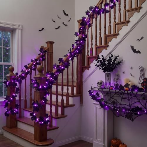 Ouddy Decor 2 Pack Halloween Garland with Lights Decor 20 Ft 60 Led, Purple