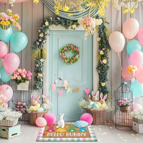 Tinideya 2 Pcs Hello Bunny Easter Layered Mat for Front Door