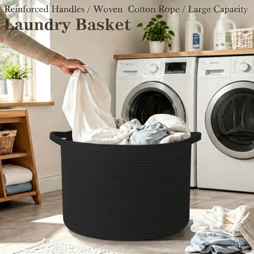 90L Extra Large Blanket Basket,Woven Rope Laundry Basket-Black