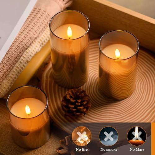 Tyawon Glass Battery Operated LED Flameless Candles with Remote and Timer, Real Wax Candles Warm Color Flickering Light