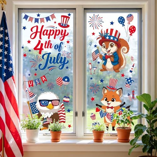 COCHIE Happy 4th of July Window Clings 6 Sheets, Red Blue White Owl Window Decals Stickers for Office Home Classroom Party Decorations, Patriotic Fourth of July Animals Windows Cling (Patriotic)
