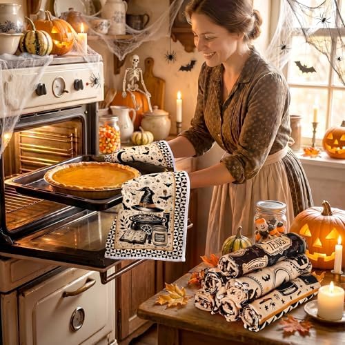 Ganeen 6 Pcs Halloween Kitchen Towels Set, Black Cat Pumpkin Dish Towels