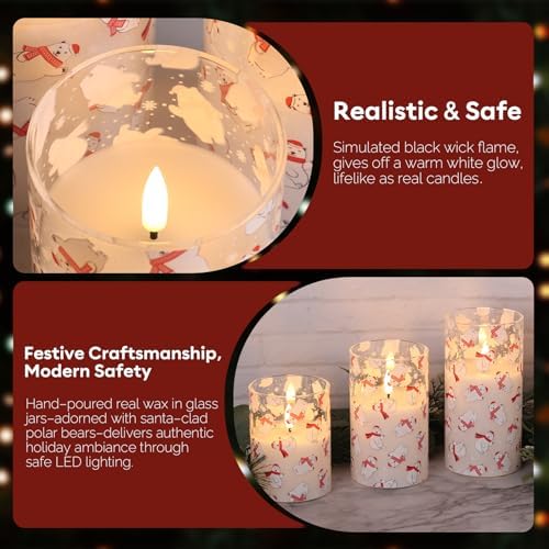 Eywamage Christmas Glass Flameless Pillar Candles with Remote, Flickering LED Battery Candles Bear Holiday Winter Table Decor Gift Set of 3
