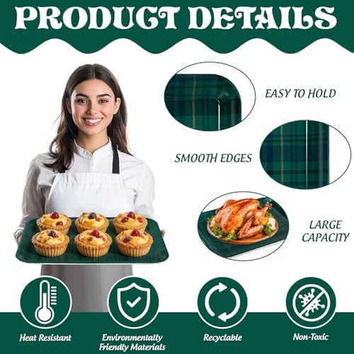 JarThenaAMCS 3Pcs Green Blue Tartan Plaid Serving Trays Vintage Plaid Reusable Serving Dishes Melamine Platter for Christmas Birthday Baby Shower Party Sharing Food Supplies