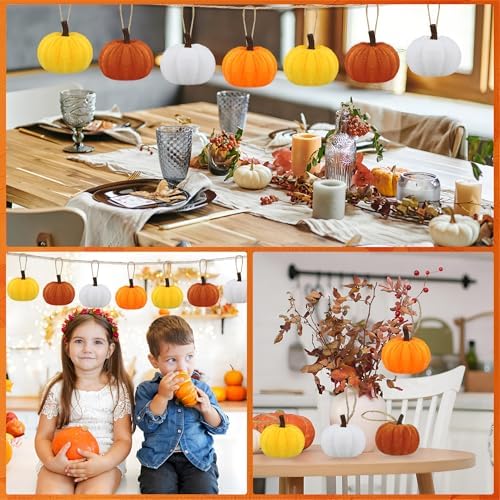 16 PCS Fall Thanksgiving Pumpkin Hanging Ornaments Velvet Fabric Pumpkin Hanging Small Tree Ornament 2.2" Orange Pumpkins Ball Tree Decoration for Fall Thanksgiving Home Farmhouse Harvest Party Decor