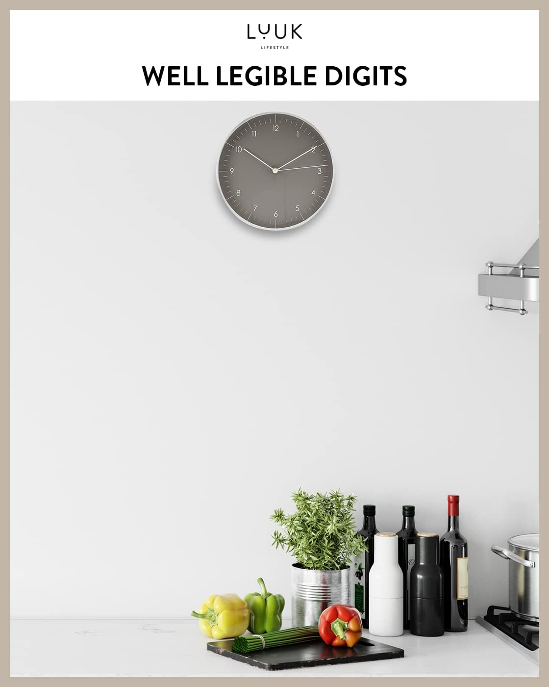 Modern Silent Quartz Wall Clock, 10in, Dark Grey & Silver | Designed in Germany, Simple & Elegant, Non-ticking, Analog