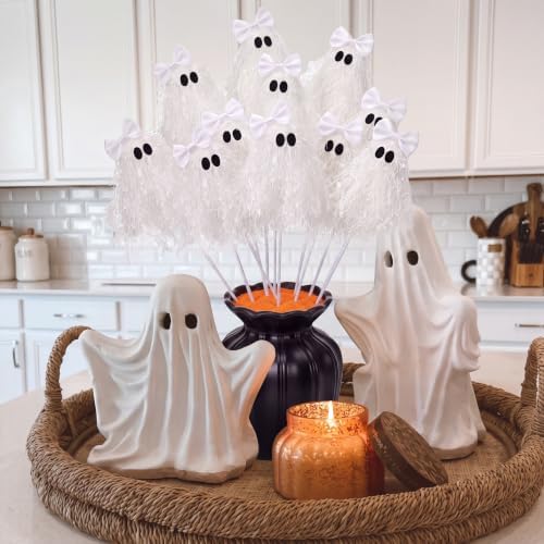 Suncalla 12 Pcs Halloween White Ghost Stem 12 Inch Cute Glitter Ghost Picks