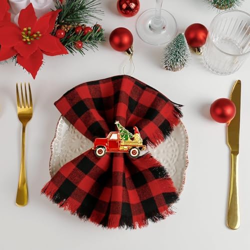 Christmas Car and Tree Napkin Rings Set of 6, Gnomes Xmas Truck and Tree Festive Holiday Red and Green Napkin Rings Holder for Christmas,Thanksgiving,Dinner Party Table Decoration