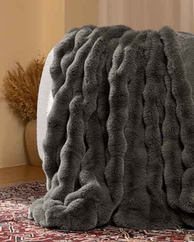 Ultra Soft Cozy Faux Fur Throw Blanket-Fuzzy Plush Thick Bubble Blanket, Fluffy Blanket for Couch, Sofa, Bedroom, and