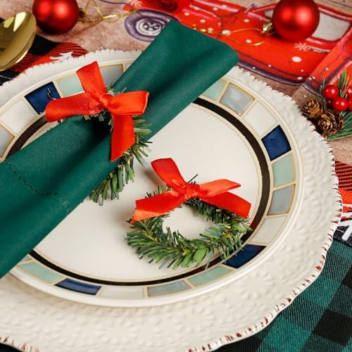 Pine Niddle Wreath Napkin Rings, Christmas Napkin Rings Set of 12 with Red Satin Bow Cloth Napkin Rings for Christmas Table Decoration, Wedding, Thanksgiving, Party, Dinner Table Decor