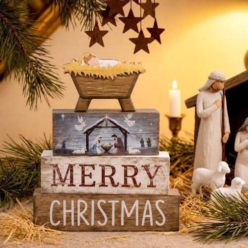 Lineshading 4 Pcs Nativity Christmas Wooden Block Signs Farmhouse Decor