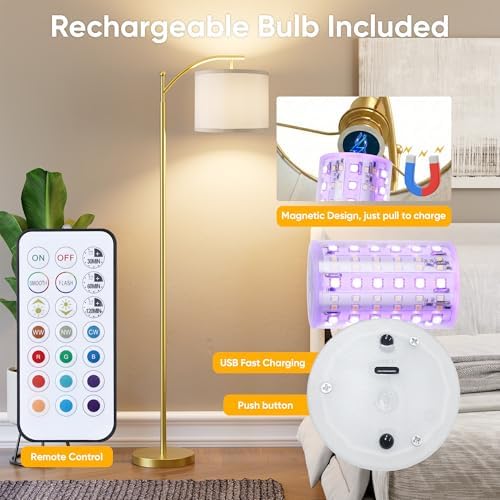 Battery Operated Floor Lamp, RGB Dimmable Cordless Standing Lamp with Remote Control for Living Room, Tall Floor Lamp