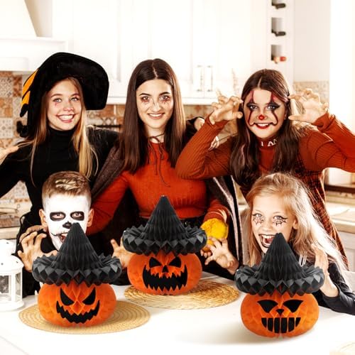 Fourluoo 6 Pcs Halloween Pumpkin Witch Hat Paper Honeycomb Centerpieces