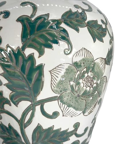Galt International Green Blossom Floral Chinoiserie Ceramic Temple Jar 18" w/Lid - Ginger Jar Home & Kitchen Decor for