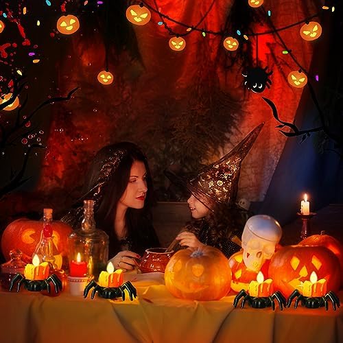 YBB 12 Pcs Halloween Spider Tea Lights, Novelty LED Flameless Spider Candle Holder Battery Operated Orange Tea Lamps for Halloween Party Table Home Spooky Decor