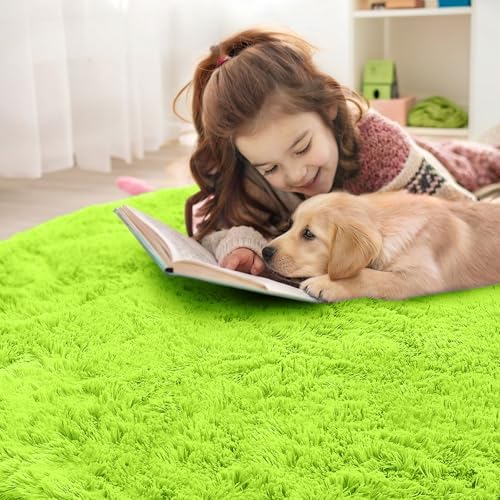 OLANLY Lime Green Round Rugs for Bedroom - Machine Washable, 2 ft Circle Area Rugs for Living Room, Soft and Fluffy