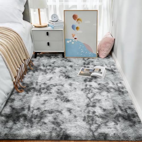 Ophanie Tie-Dyed Grey Area Rugs for Bedroom Living Room, Light Gray Fluffy Shag Fuzzy Carpet,Plush Shaggy Rug,4x6