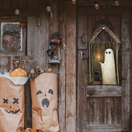 Cute Halloween Decorations Indoor - Funny Ghost & Black Cat Wooden Hanging Sign - Farmhouse Home Shower Room Decor