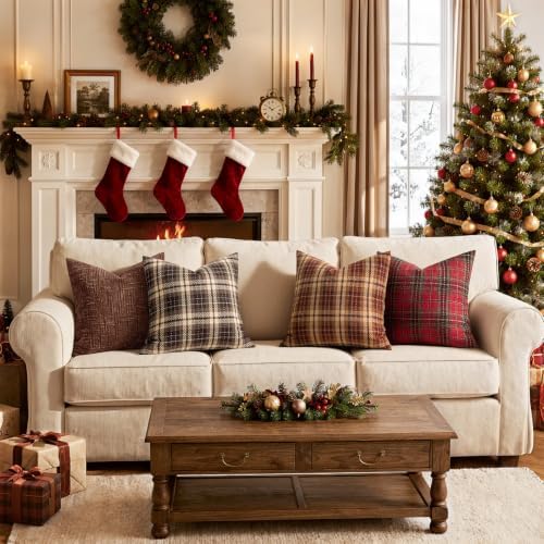 MIULEE Tartan Plaid Throw Pillow Covers Christmas 20x20 Inch Red
