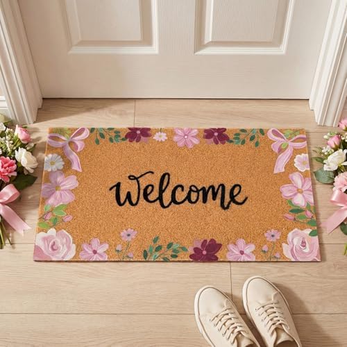 Pink Flower Welcome Door Mat Artificial Coir Doormat 16 x 30 in